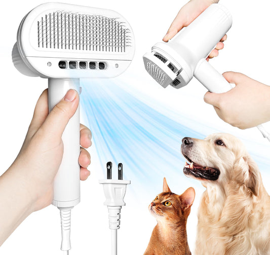2-in-1 Pet Grooming Dryer and Brush - Overheating Protection 3 Blowing Modes Low Noise - Ideal for Small and Medium Dogs/Cats - Slim Handle (White)