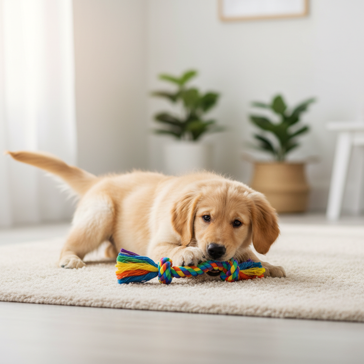 Puppy playing with dog toy