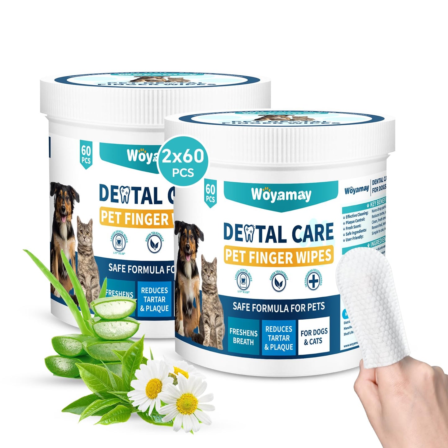 Woyamay Teeth Cleaning Wipes for Dogs & Cats 120 Counts Dental Wipes for Reducing Plaque & Tartar for Cats and Dogs Disposable Gentle Breath Freshener Dental and Gum Care Finger Pet Wipes