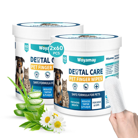 Woyamay Teeth Cleaning Wipes for Dogs & Cats 120 Counts Dental Wipes for Reducing Plaque & Tartar for Cats and Dogs Disposable Gentle Breath Freshener Dental and Gum Care Finger Pet Wipes